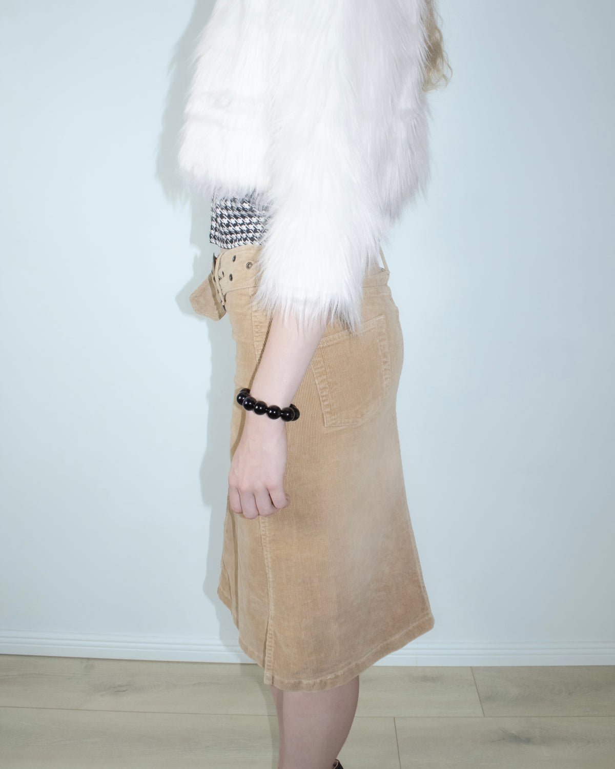 buckle-waist corduroy midi skirt