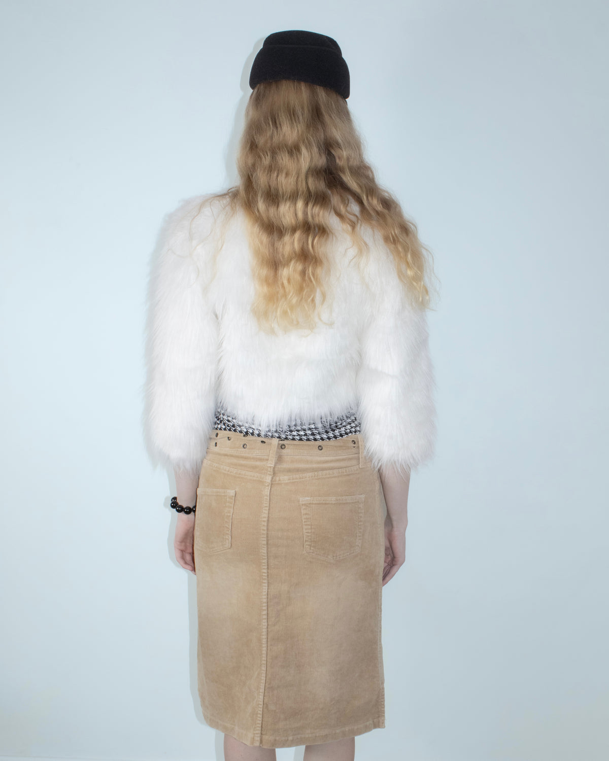 white cropped faux fur jacket