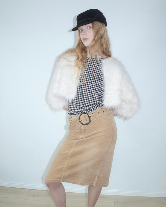 white cropped faux fur jacket