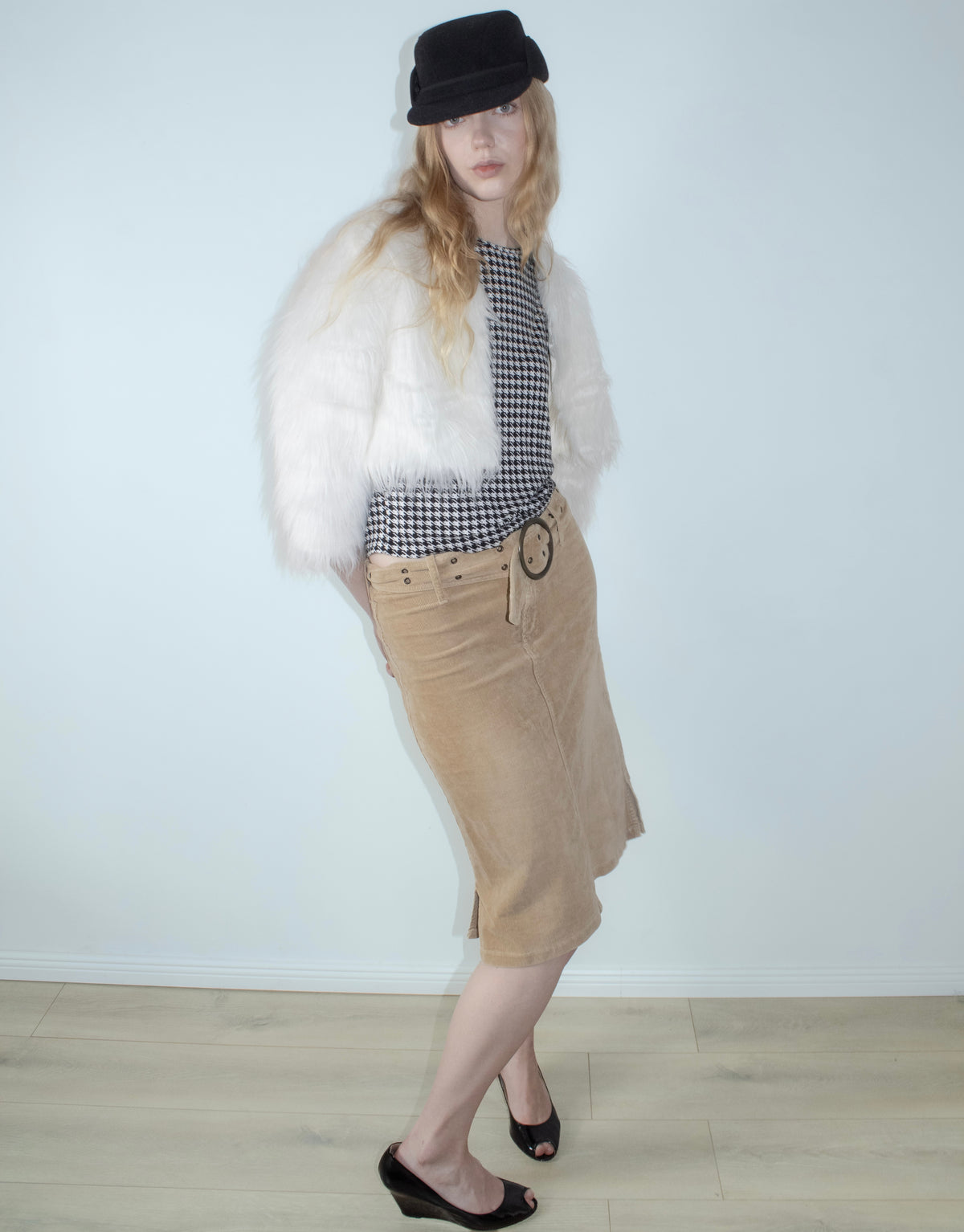 buckle-waist corduroy midi skirt