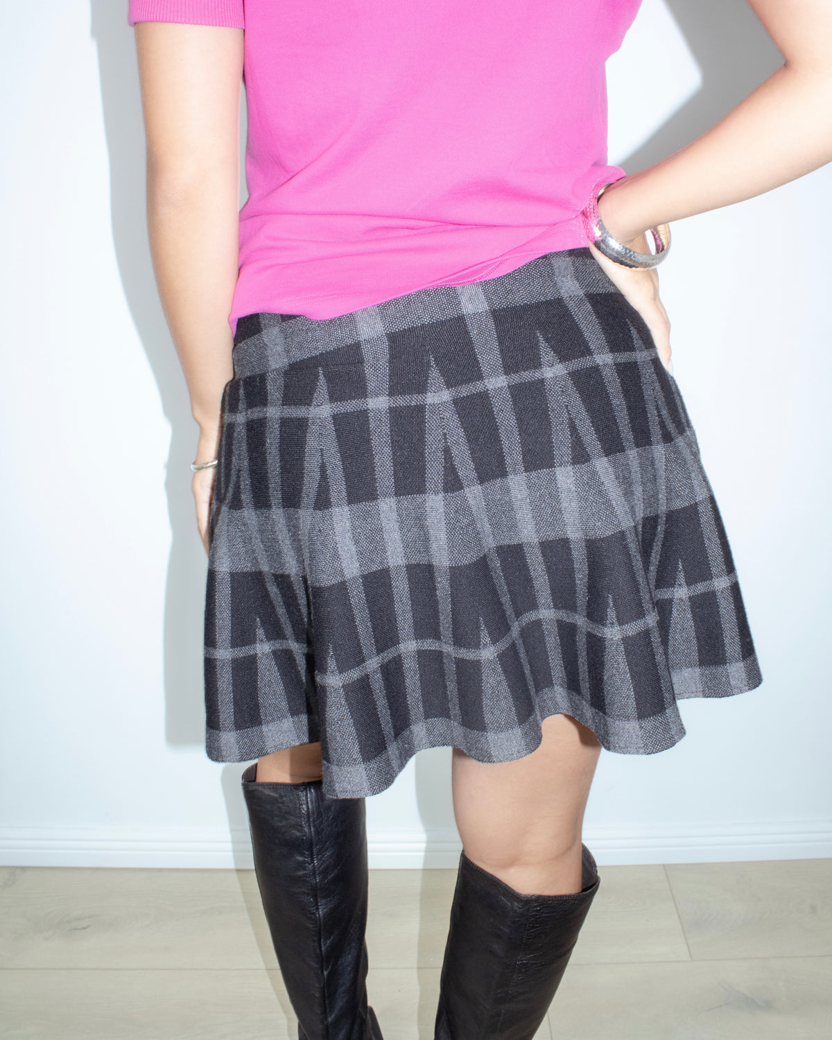 knit checkered flare mini skirt