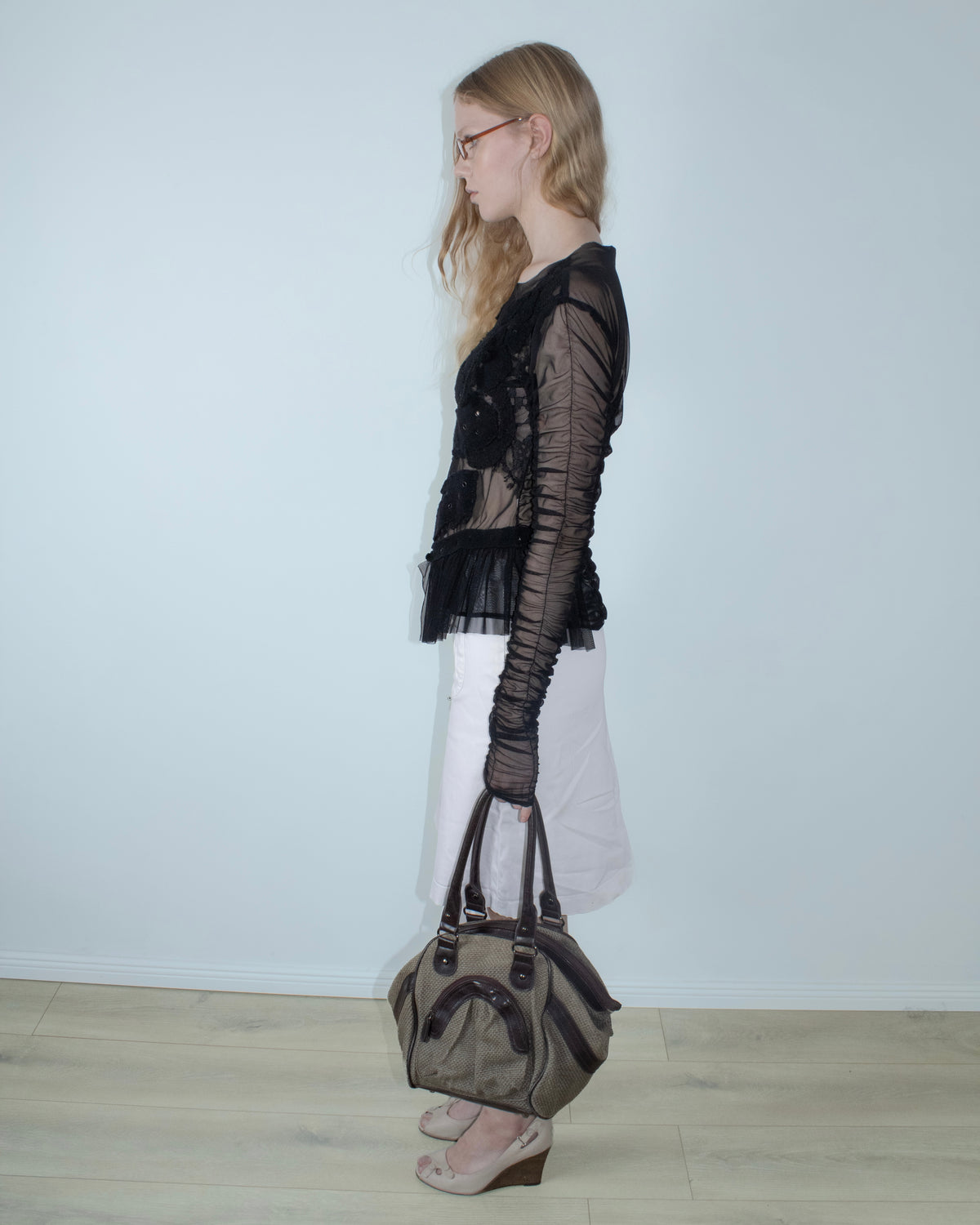 black sheer appliqué mesh top