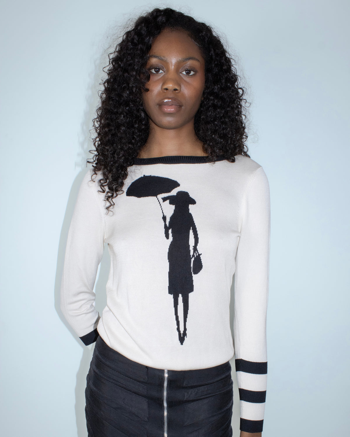 cream silk graphic knit top