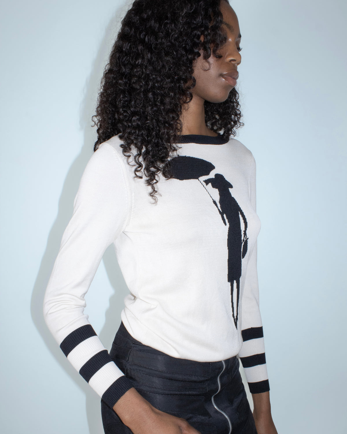 cream silk graphic knit top
