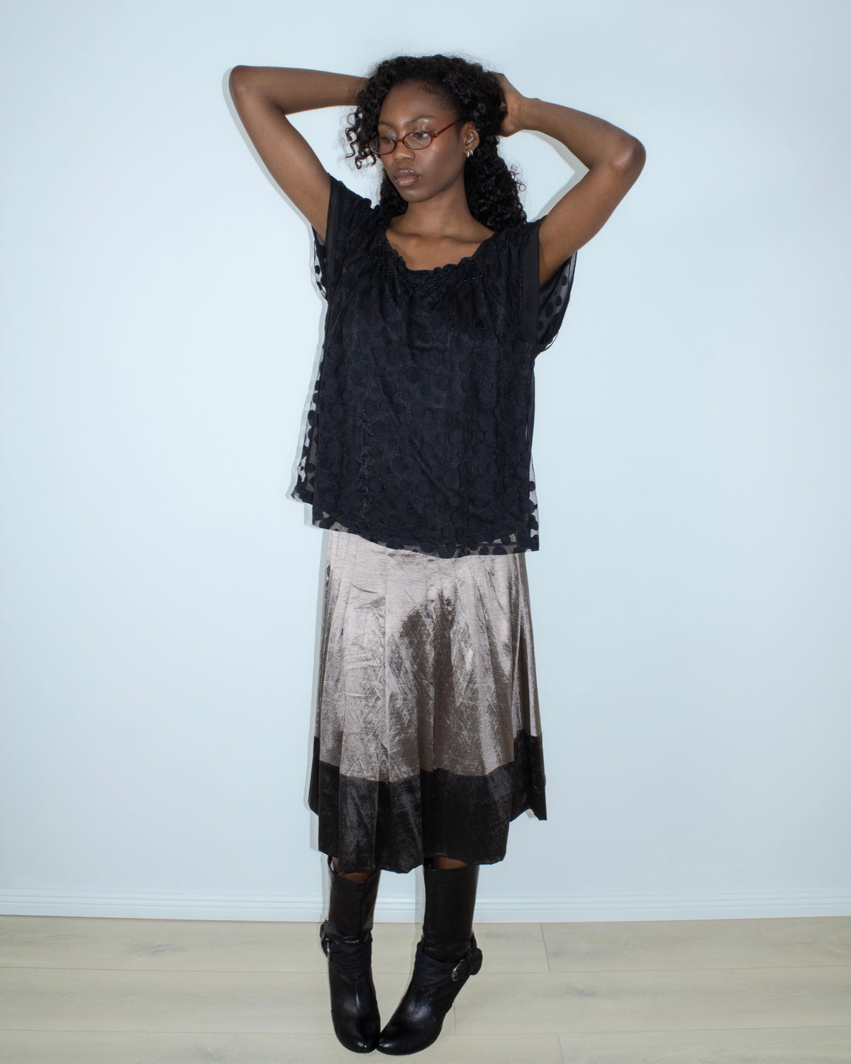 metallic pleated midi skirt
