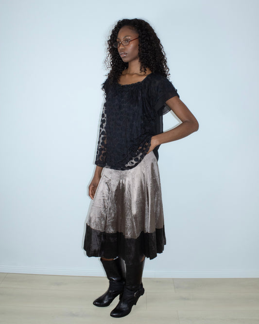 metallic pleated midi skirt