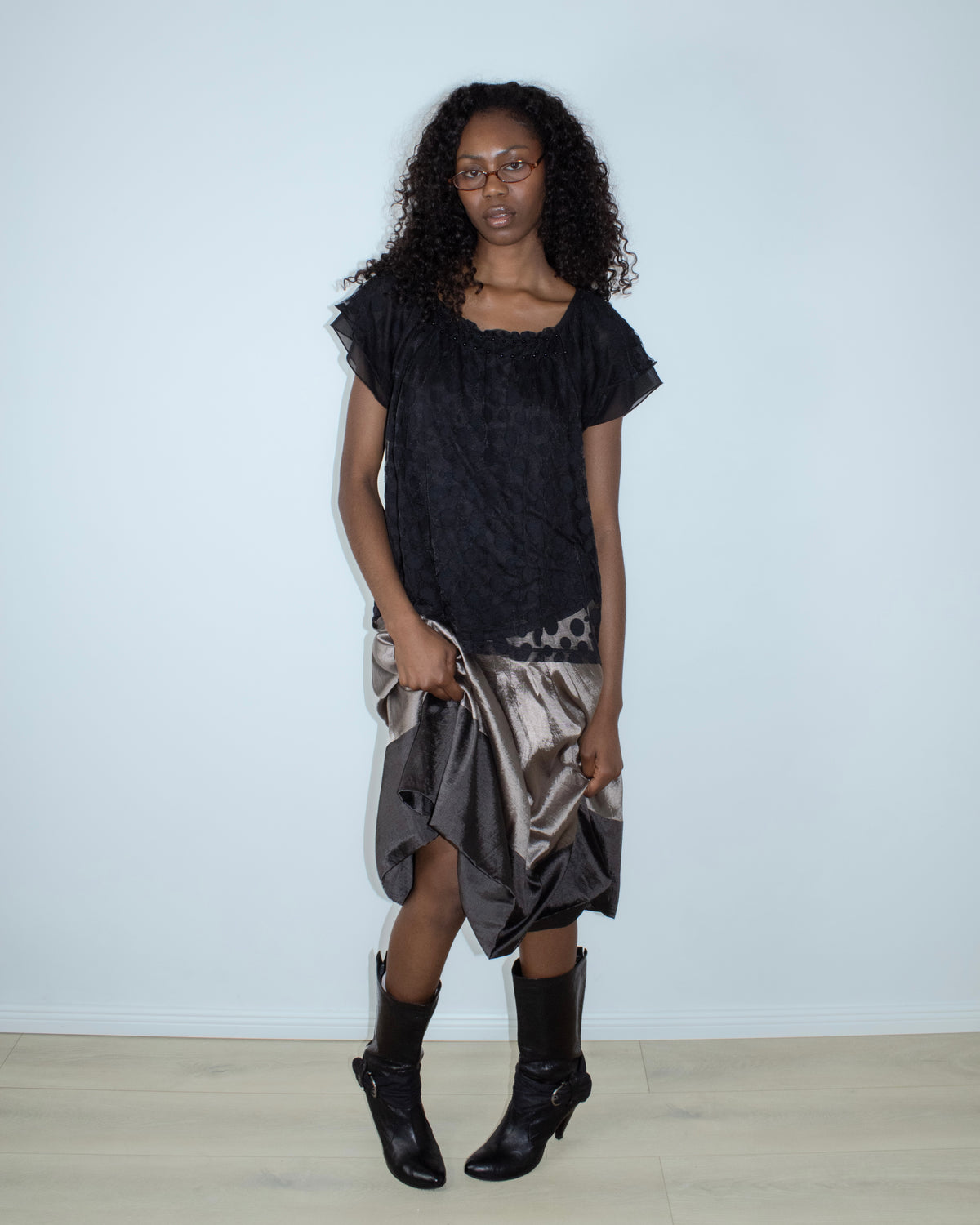 metallic pleated midi skirt