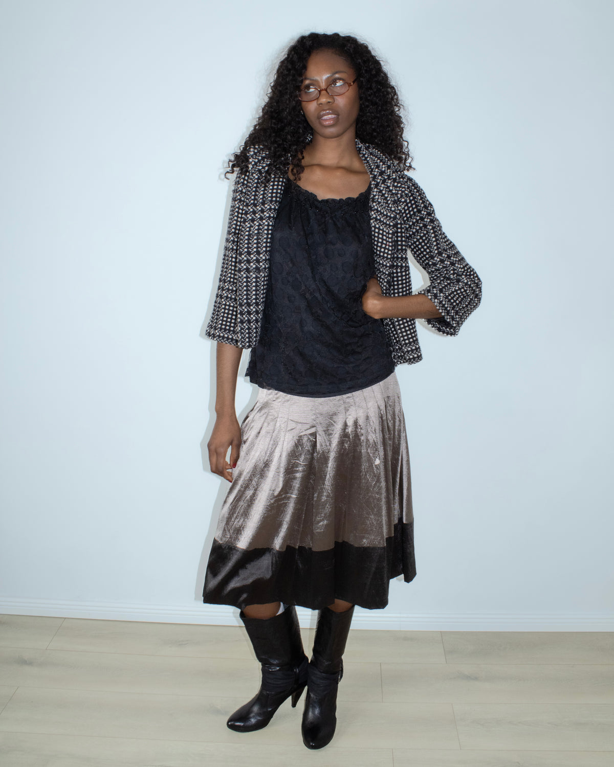black tweed check peacoat