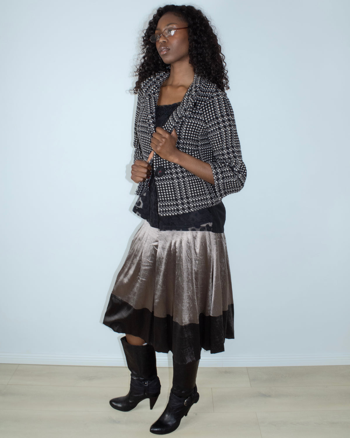 black tweed check peacoat