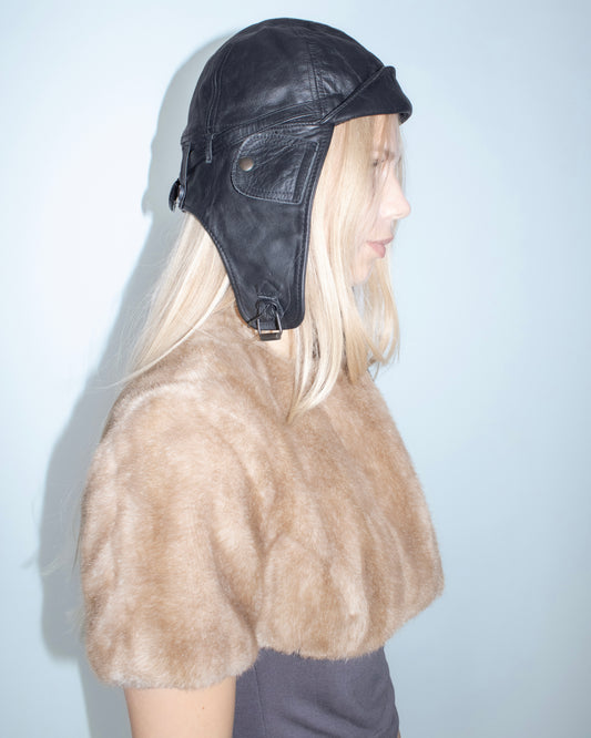 black leather aviator cap
