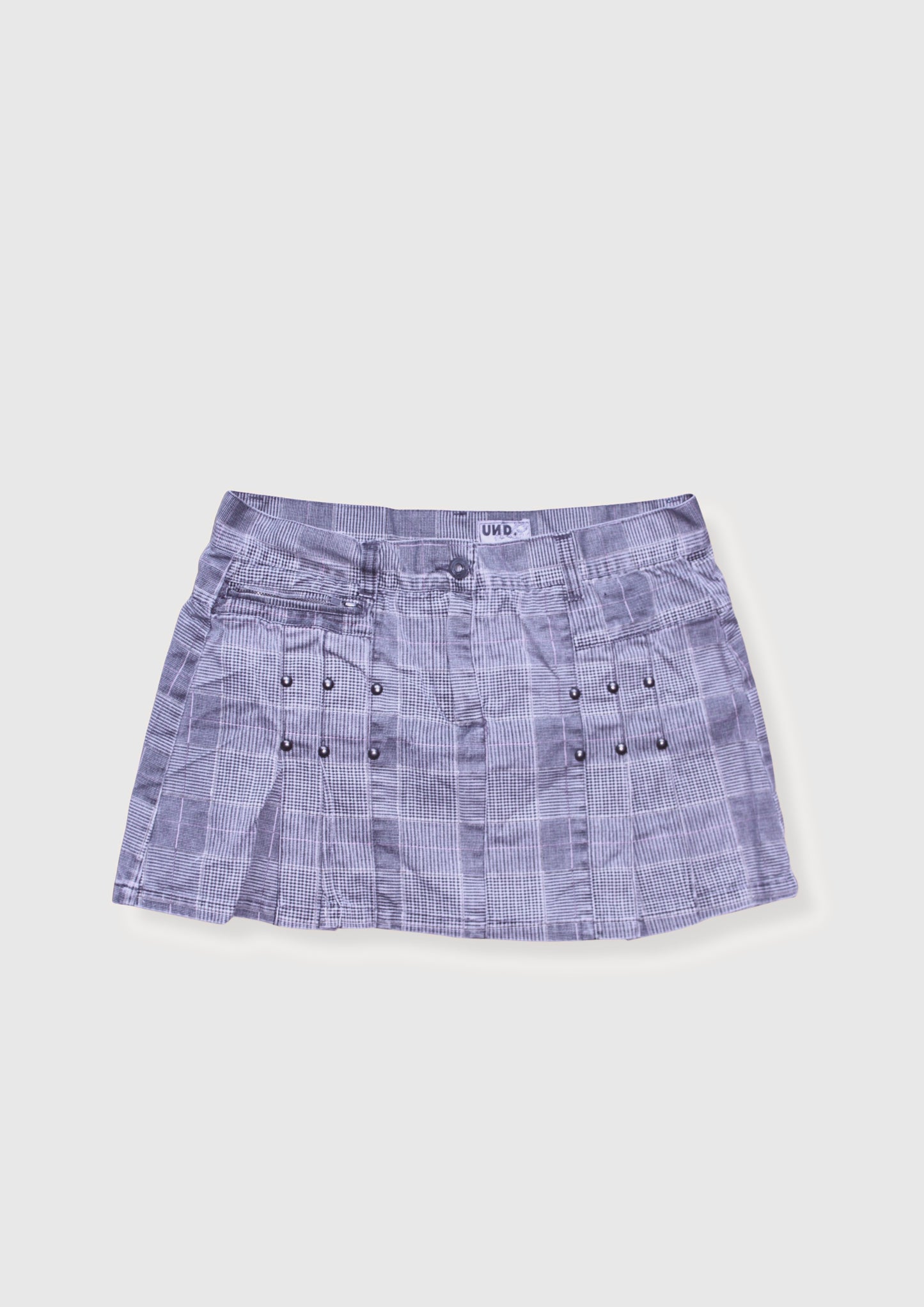 STUDDED PLAID PLEATED MINI SKIRT