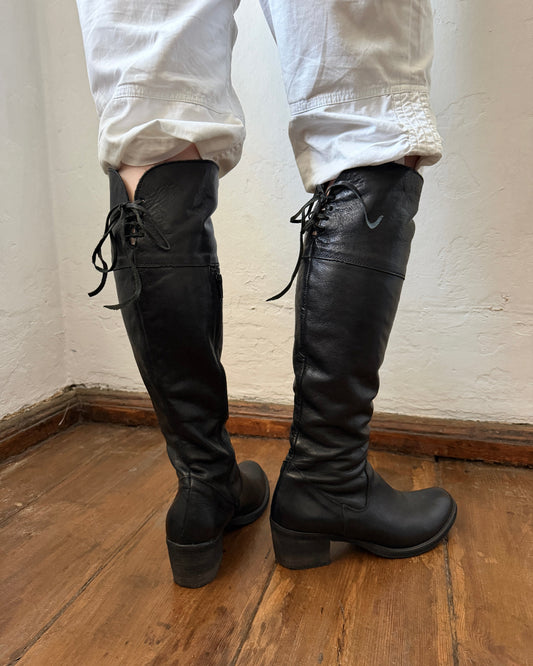 Vintage black leather lace-up boots with rounded toe