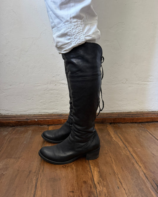 Vintage black leather lace-up boots with rounded toe