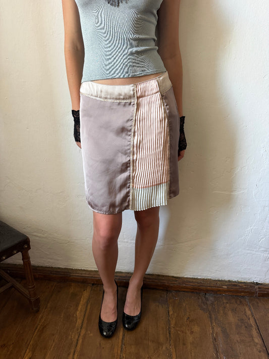 Vintage deconstructed satin midi skirt with pleated panel and contrasting waistband