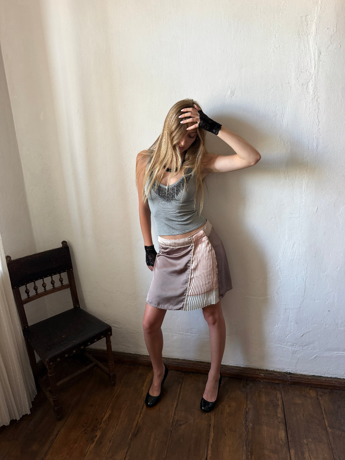Vintage deconstructed satin midi skirt with pleated panel and contrasting waistband