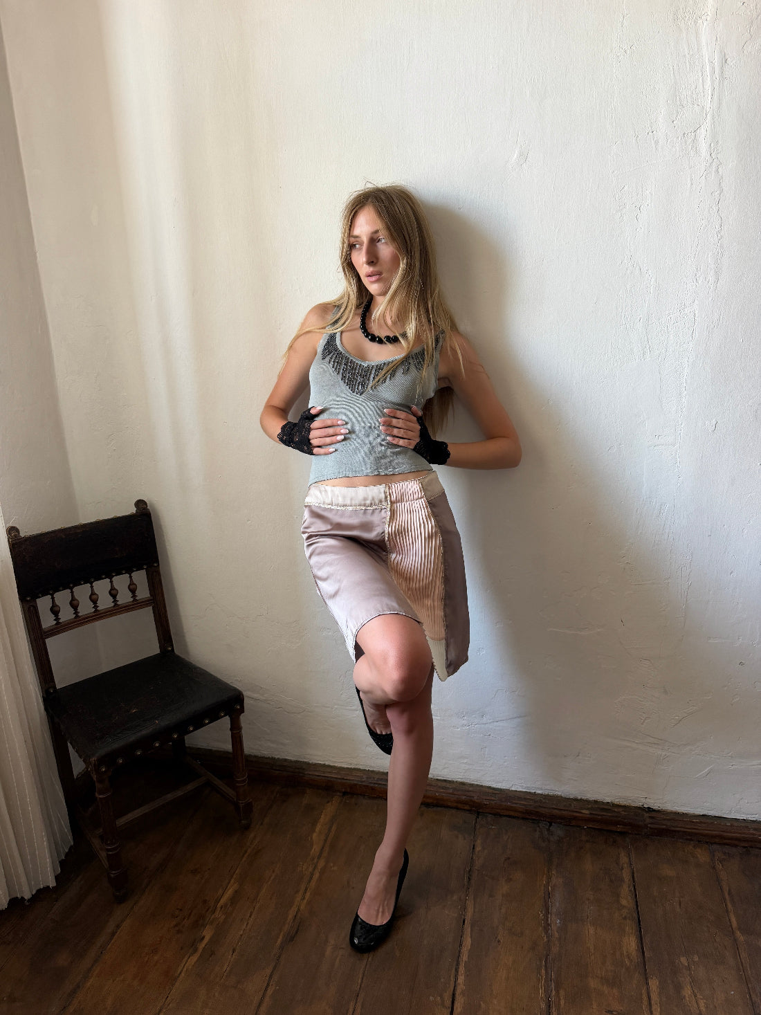 Vintage deconstructed satin midi skirt with pleated panel and contrasting waistband