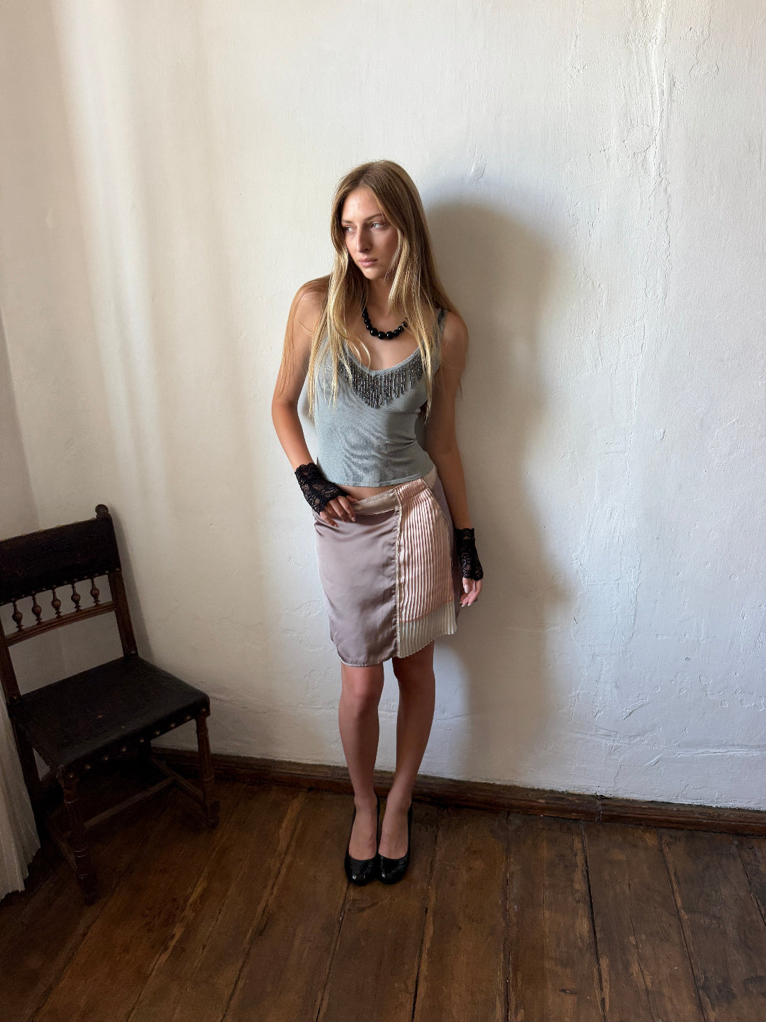 Vintage deconstructed satin midi skirt with pleated panel and contrasting waistband