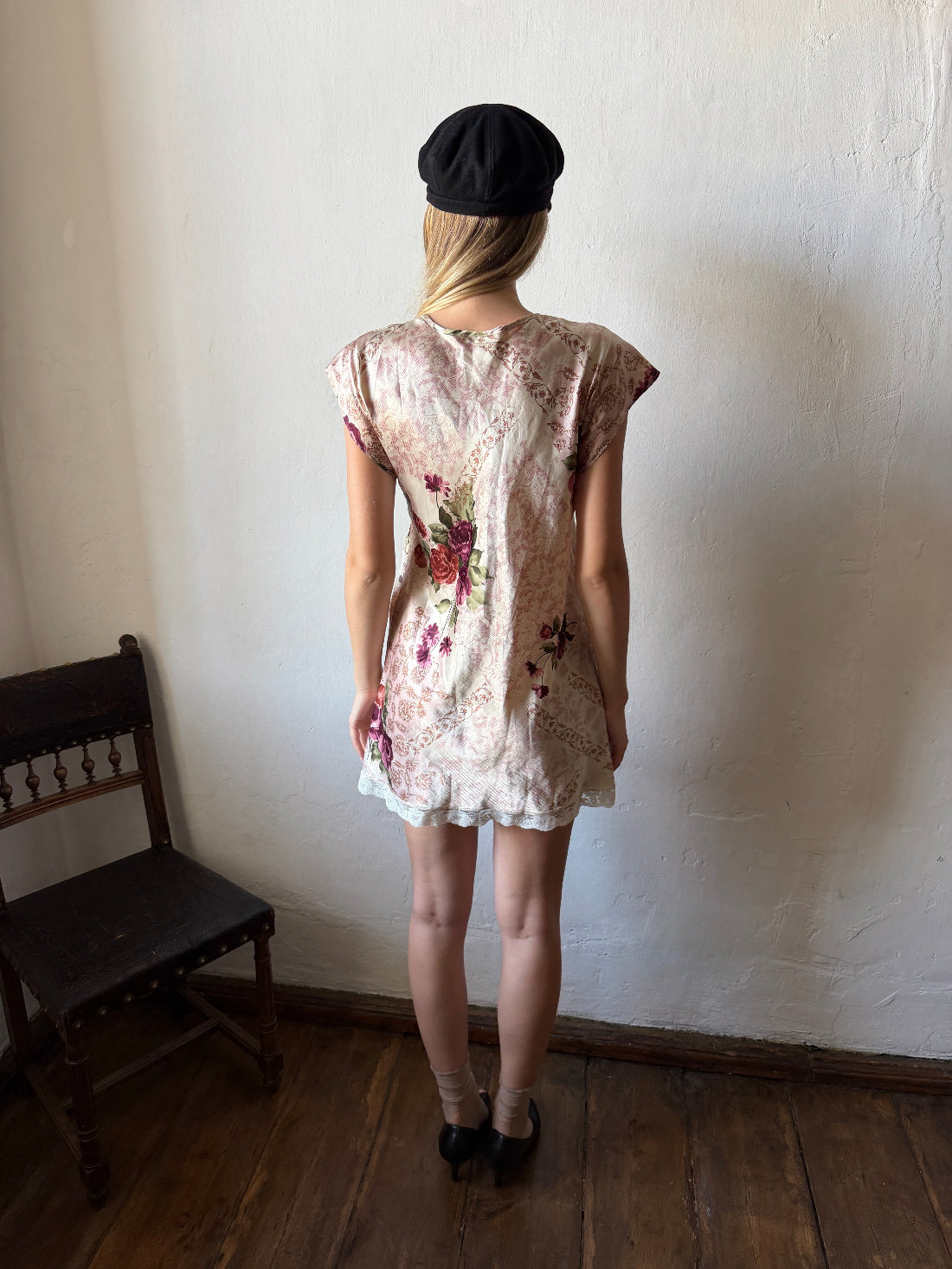 Floral lace trim mini dress with blush floral print