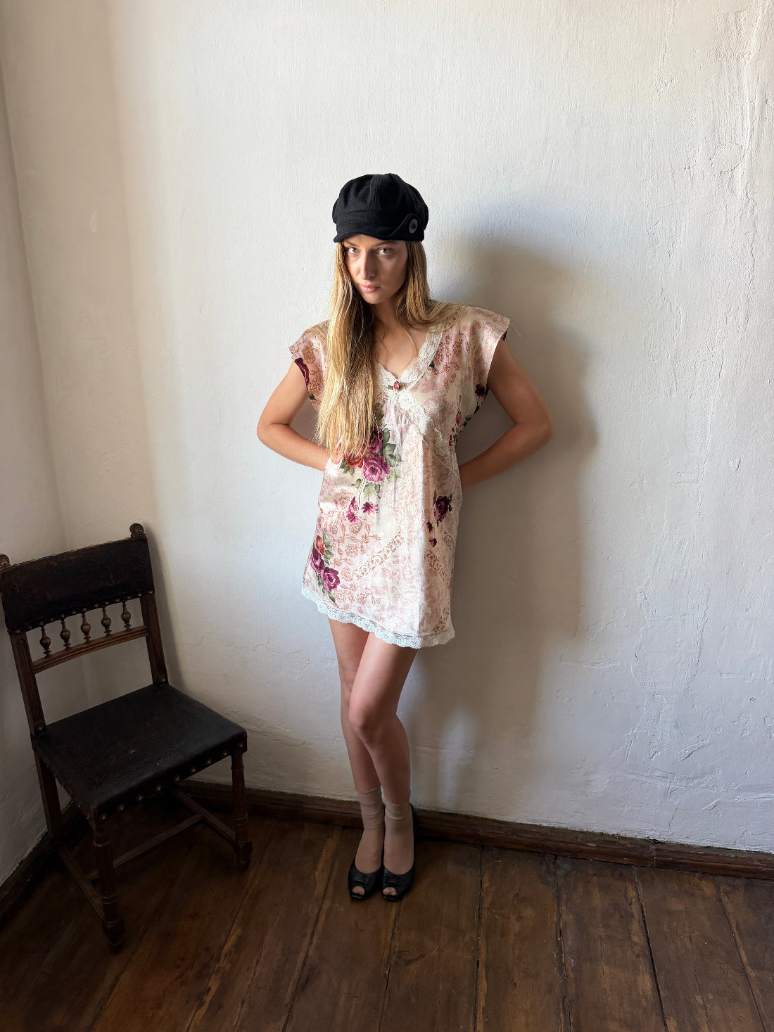 Floral lace trim mini dress with blush floral print