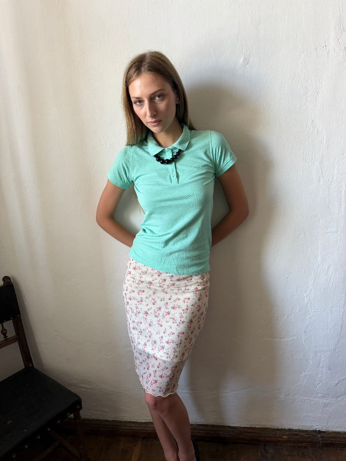 Floral mesh midi skirt with pink ditsy print and lettuce hem