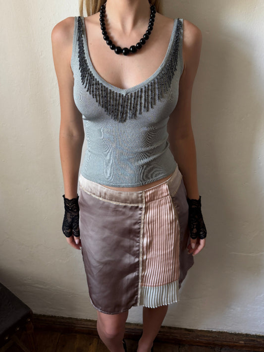 Vintage Karen Millen grey ribbed knit top with beaded fringe neckline