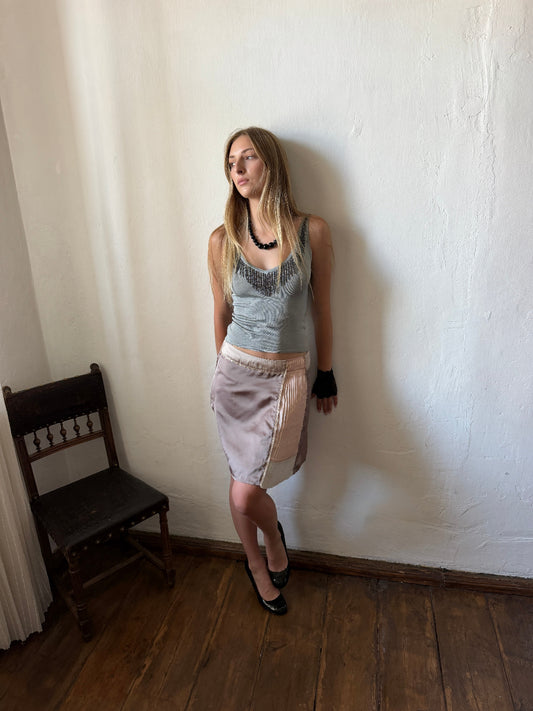Vintage Karen Millen grey ribbed knit top with beaded fringe neckline