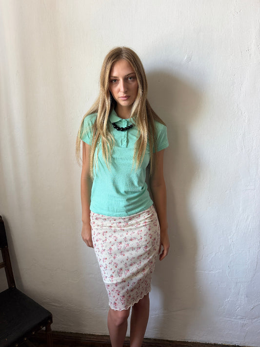 Mint fitted polo top with button placket