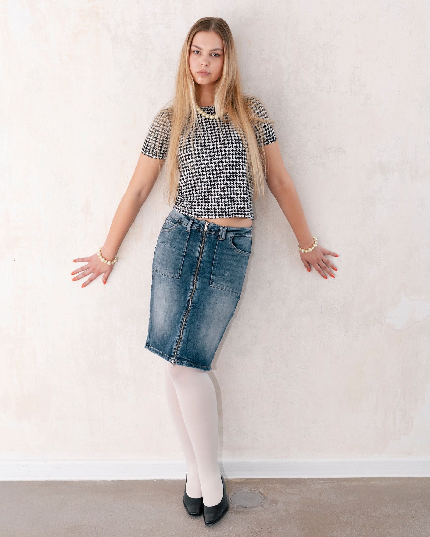 DOUBLE-ZIP DENIM PENCIL SKIRT