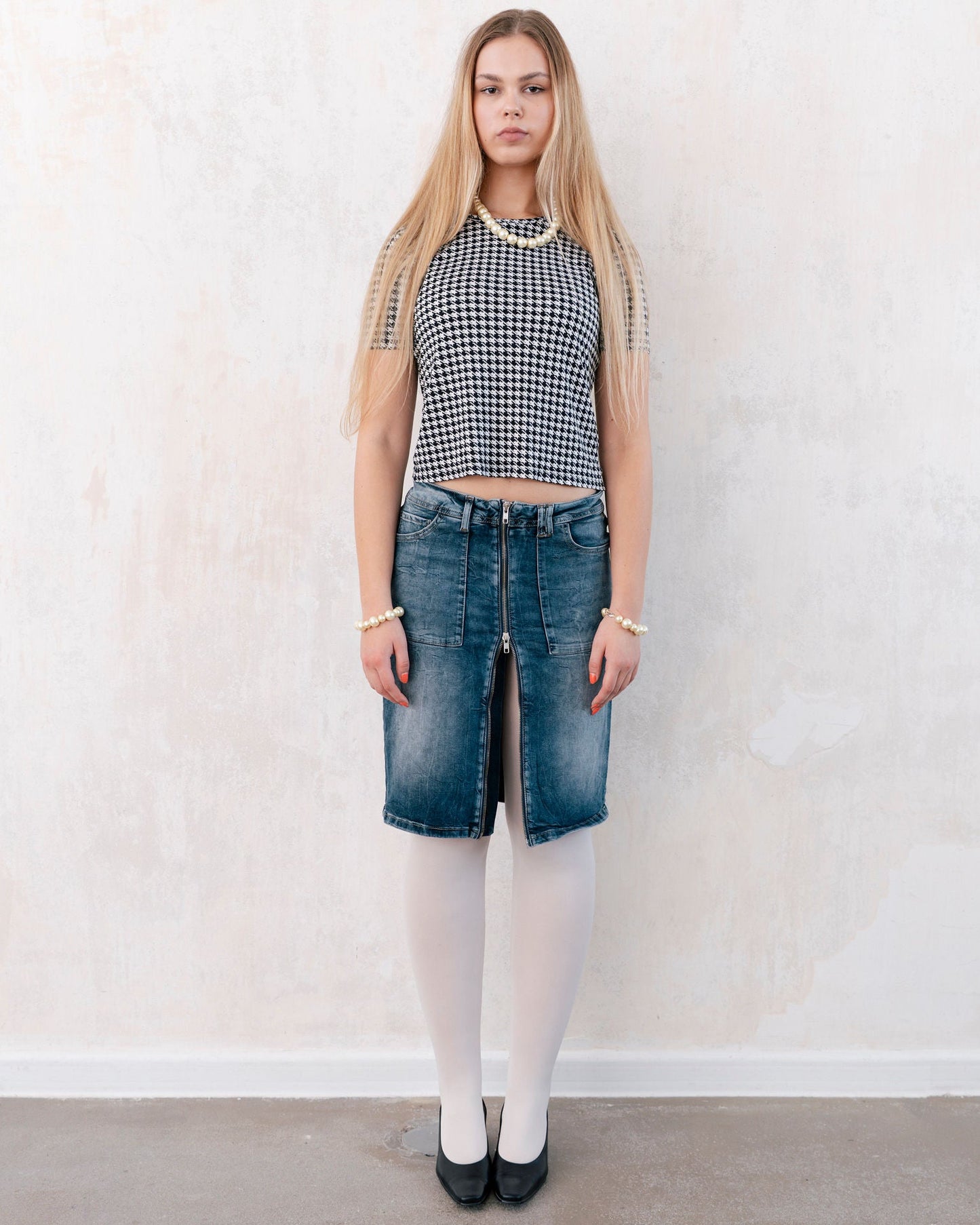 DOUBLE-ZIP DENIM PENCIL SKIRT