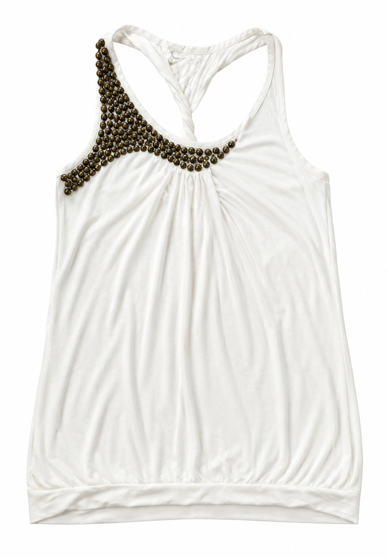White sleeveless tank top with a gathered front and a decorative row of dark metallic studs along the left shoulder strap, shown on a plain white background.